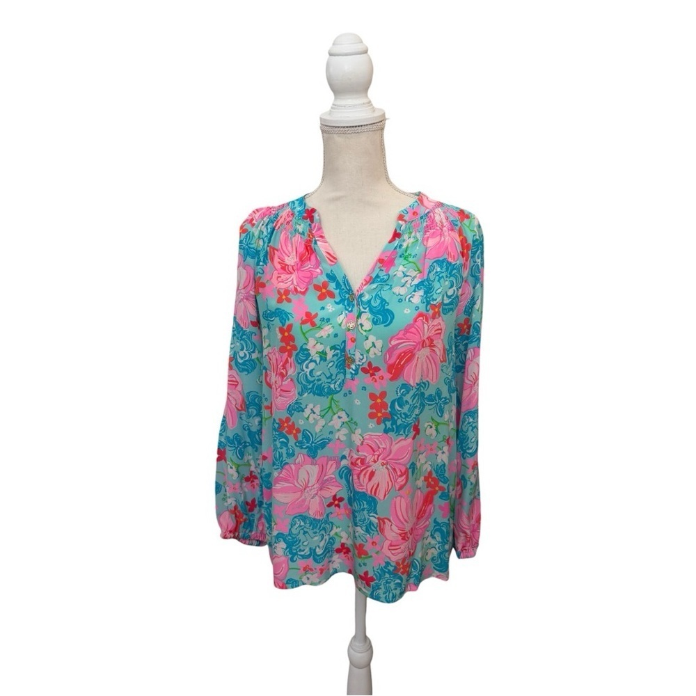 Lilly Pulitzer Elsa Silk Top Surf Blue Luscious Lions Floral Blouse XS